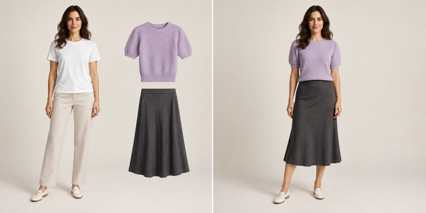 Model and separate garments transformed into the same model wearing the complete look