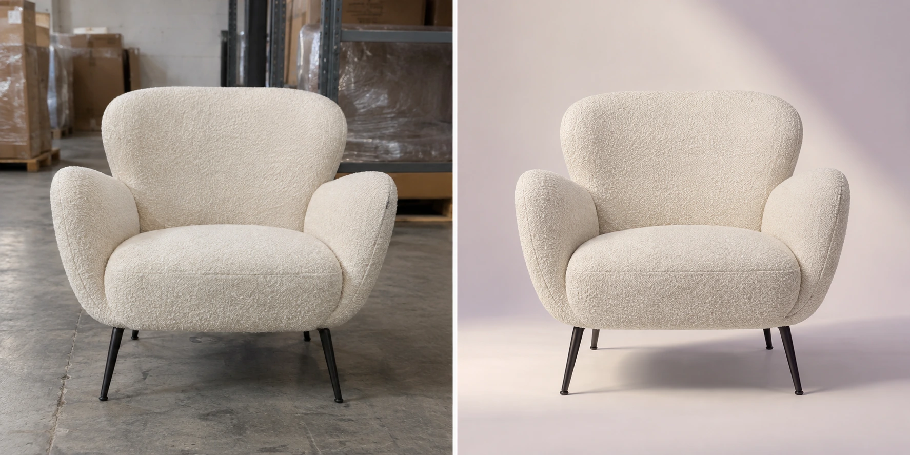 Original cream boucle armchair photographed in a warehouse